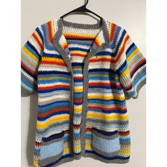 Handmade Sweaters - Vintage Handmade Crochet Cardigan Short Sleeve Multi-Color Boho Sweater